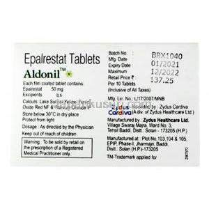 アルドニル,エパルレスタット　50mg, 錠剤, 製造元：Zydus, 箱情報, 製造元情報, 成分, 製造番号, 製造日, 消費期限